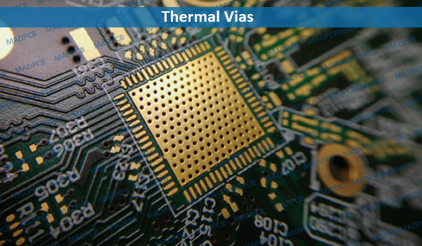 Figure 2: Thermal vias are specifically designed to improve heat dissipation from components that generate significant heat. They are typically placed directly beneath the heat-generating component, forming an array to maximize heat transfer (Source: madpcb).